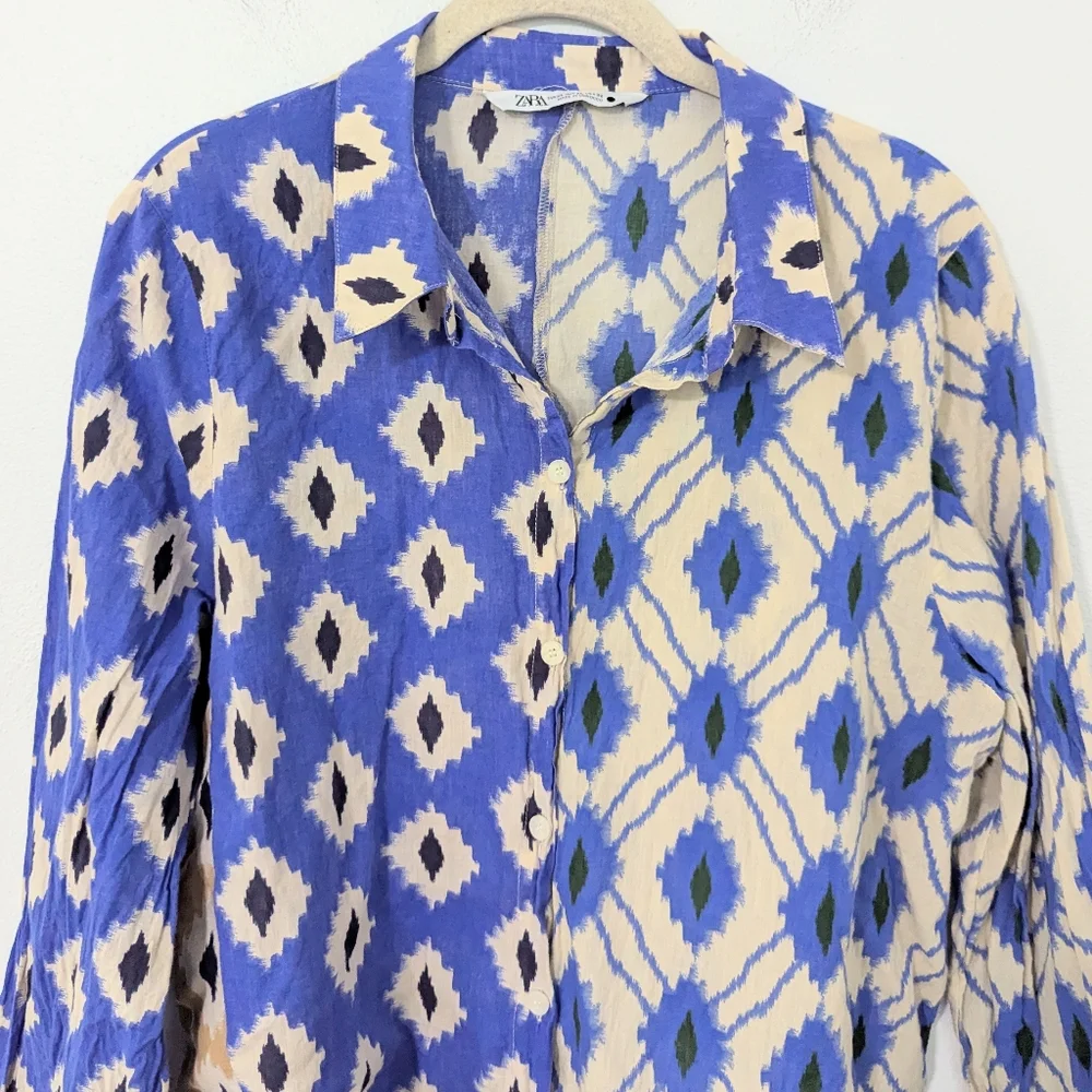 Zara Ikat Print Button Front Shirt Collared Mixed Print Western Blue White XL - Picture 2 of 8